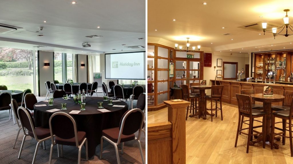 Two images showing a dining space and bar that delegates would love. 