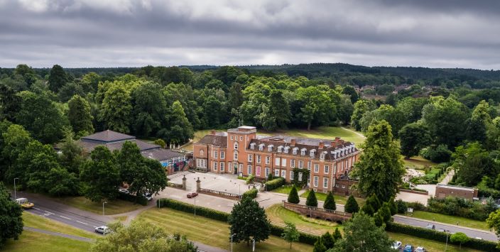 A picture of the South Hill Park and Wilde Theatre Hotel showing stunning grounds.